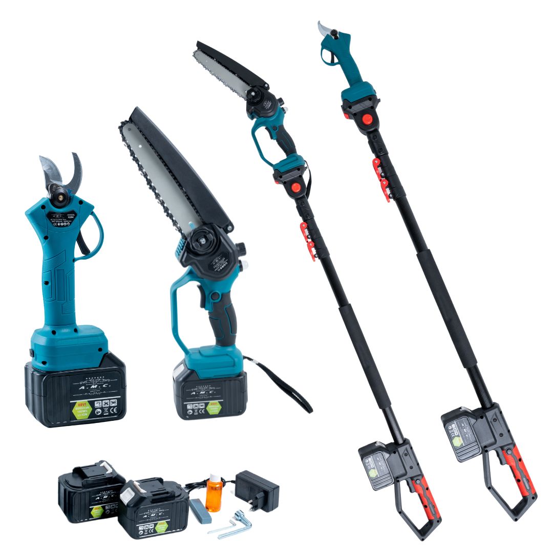 KIT 3 IN 1 - ASTA , FORBICI 50MM E MOTOSEGA 8 POLLICI + 2 BATTERIE E ACCESSORI